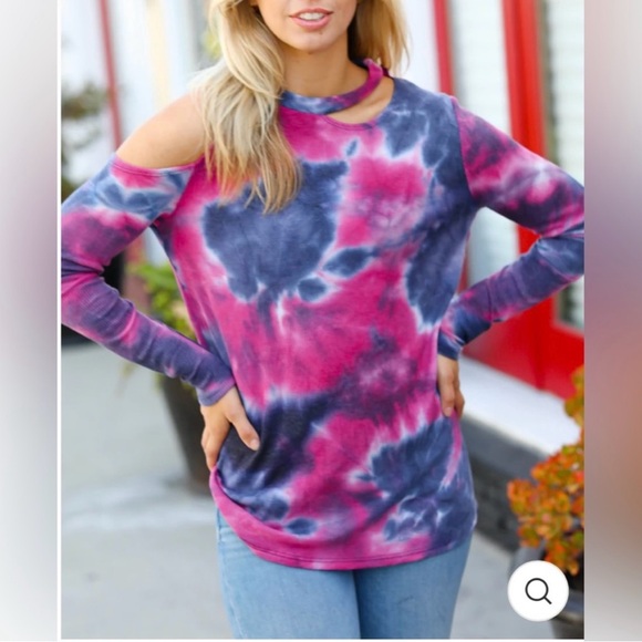 NWOT Navy & Fuchsia Tie Dye Thermal Cold Shoulder Blouse - Picture 1 of 2